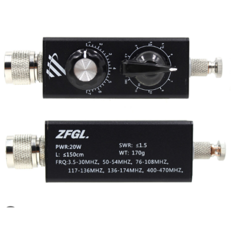 ZFGL, Mini antenna + tuner also for wired, 20W QRP 3.5 -30MHz + 50-54 MHz + VHF/UHF