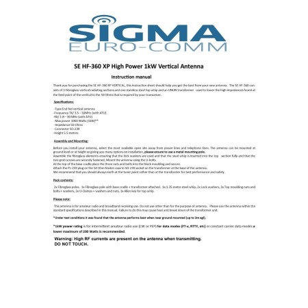 Sigma HF-360 XP Alta Potenza 1kW Fibra Vetro Antenna Verticale 80 A 10 Metri