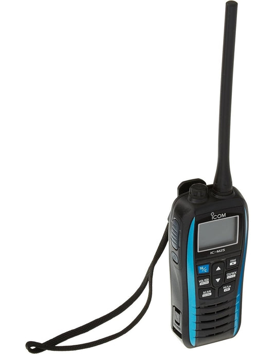 Icom IC-M25 Ricetrasmettitore portatile nautico VHF/FM blu con 5W di potenza RF, galleggiante e lampeggiante, IPX7