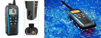 Icom IC-M25 Ricetrasmettitore portatile nautico VHF/FM blu con 5W di potenza RF, galleggiante e lampeggiante, IPX7