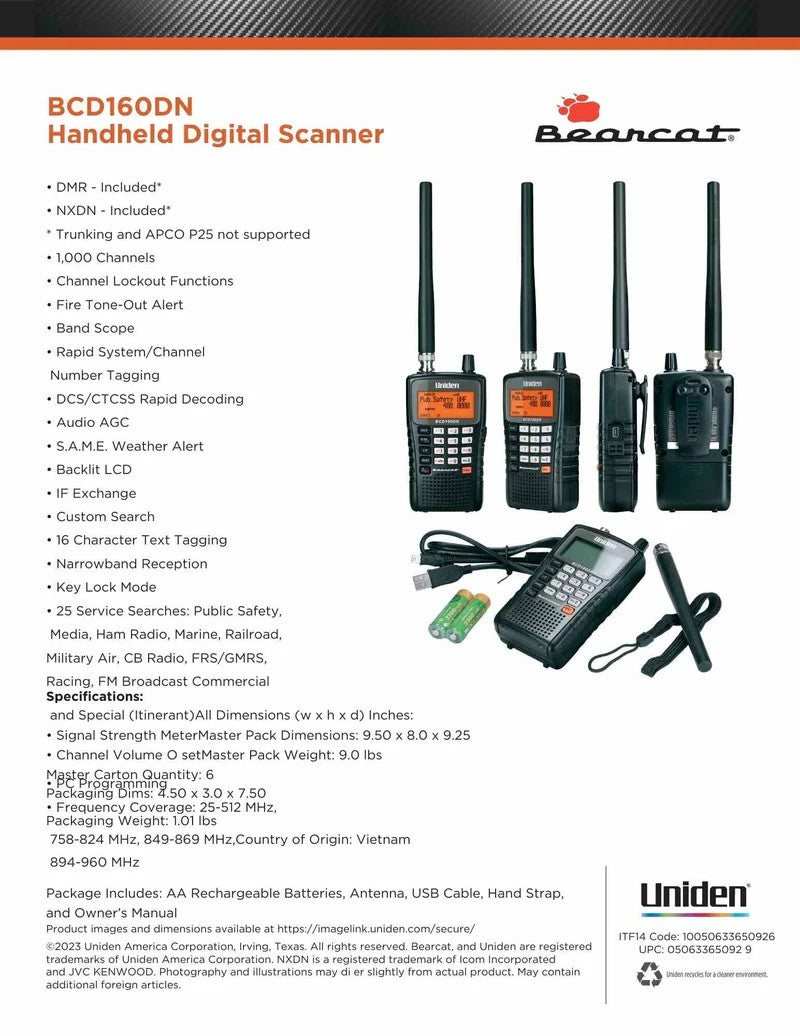 UNIDEN UBCD-160DN RICEVITORE Scanner AM,FM, dPMR, DMR e NXDN