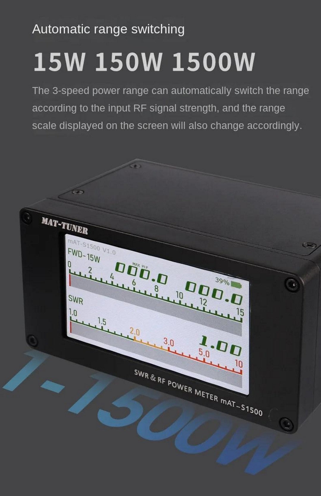mAT-S1500 mAT-Tuner Wattmetro digitale rosmetro 1.8-54MHZ 1500W 4.3 pollici LCDr