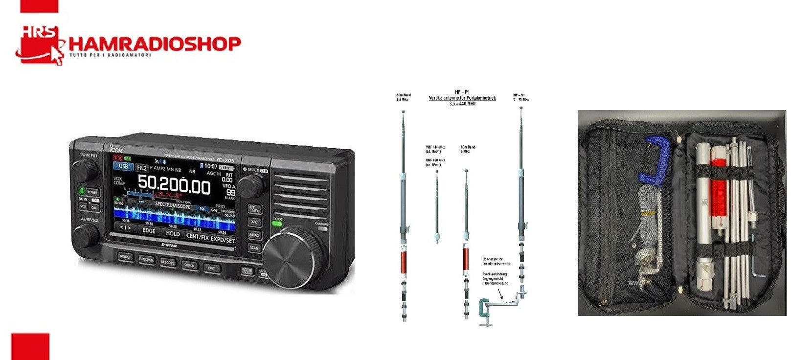 Icom IC-705 + HF-P1 FULL KIT - Ricetrasmettitore QRP 0/30-50/144/430 MHZ 10W + antenna multibanda portatile