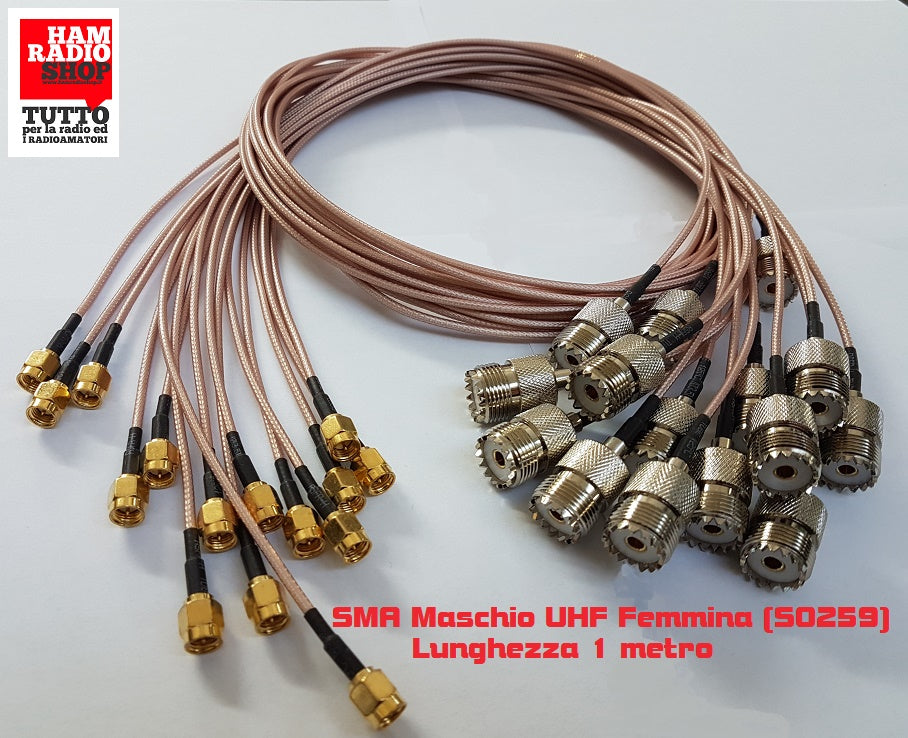 Cavetto adattatore da SMA Maschio a Femmina UHF SO239 lungo 20 cm. RG-316 teflon