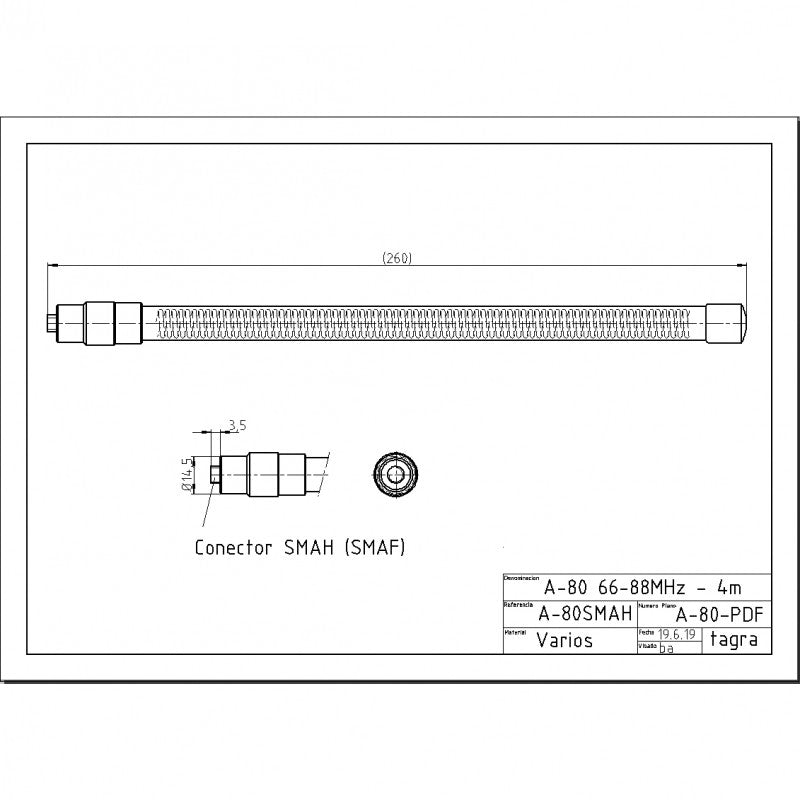 Tagra A-80 SMA H - Antenna per portatili VHF 66-88 MHz SMA