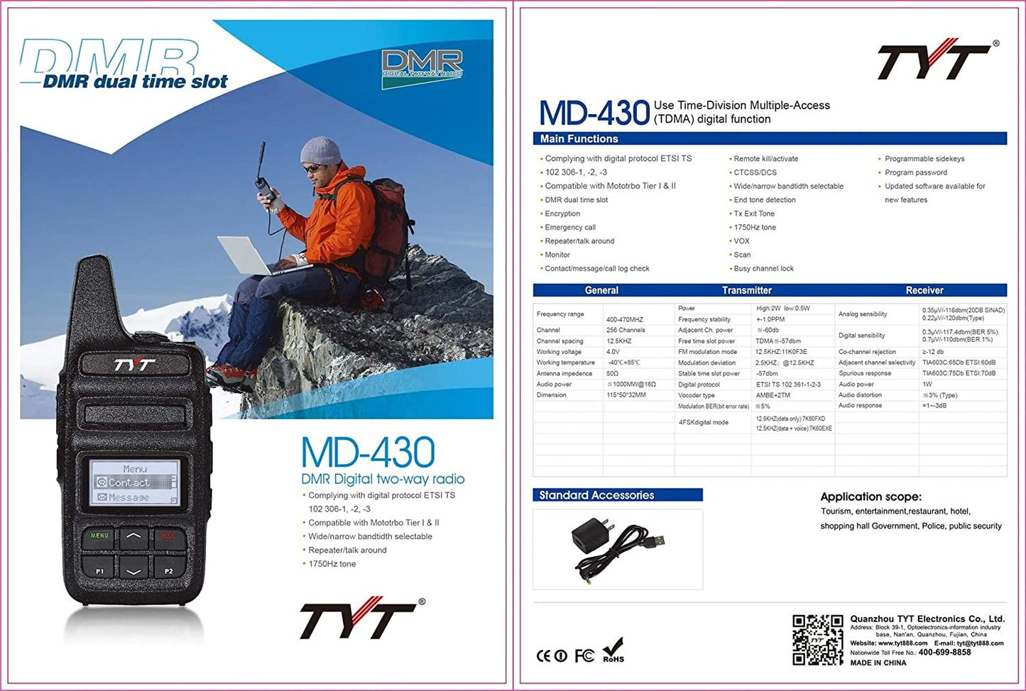 TYT MD-430 - Ricetrasmettitore portatile Analogico e Digitale DMR-446 TIER I
