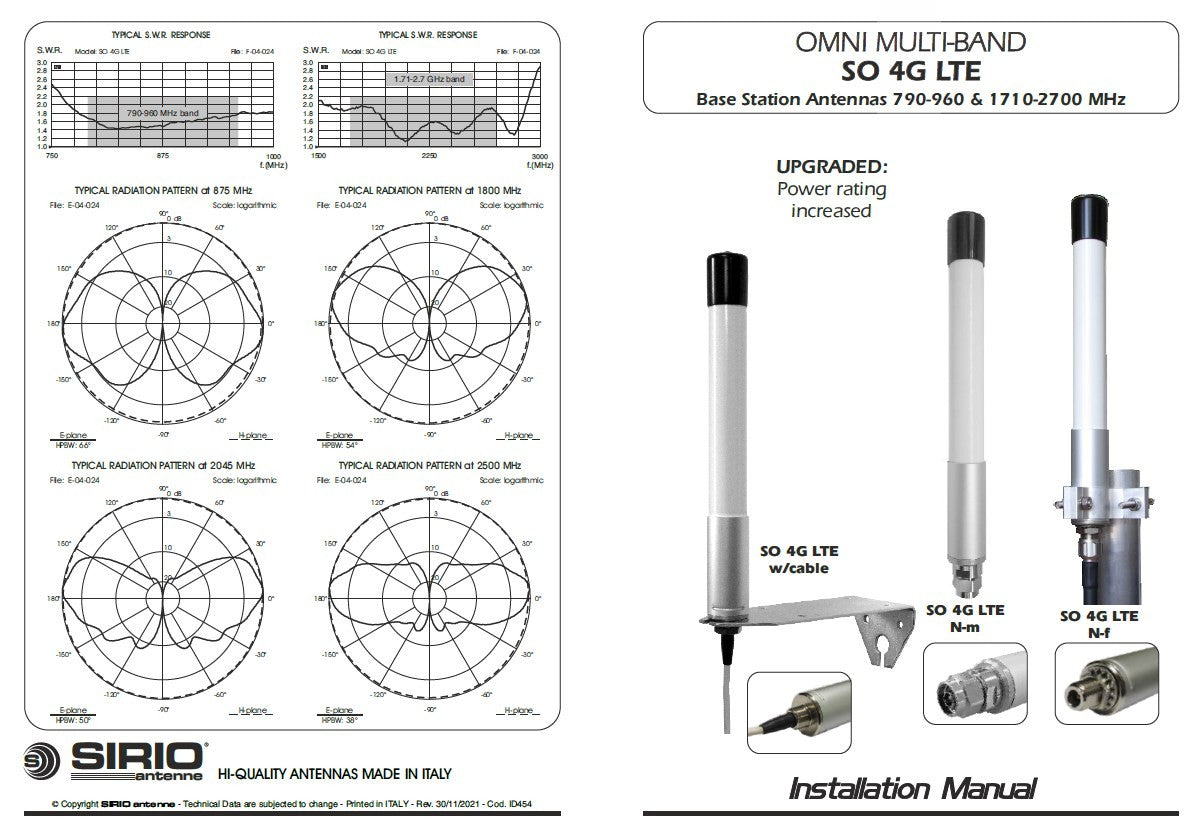 Sirio SO 4G LTE Antenna per ripetitore telefonico, cavo 5m RF/SMA-m M-3 bracket