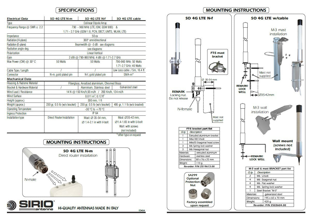 Sirio SO-4G LTE Antenna da base per ripetitori telefonici 790-960 & 1710-2700 MHz