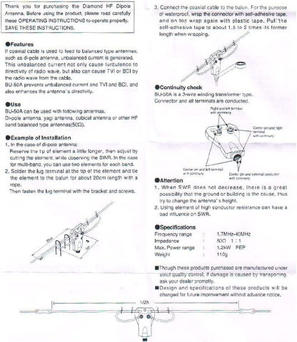 Diamond BU-50 Balun 1:1 per antenne filari 1.7 - 40 MHz Wide Band