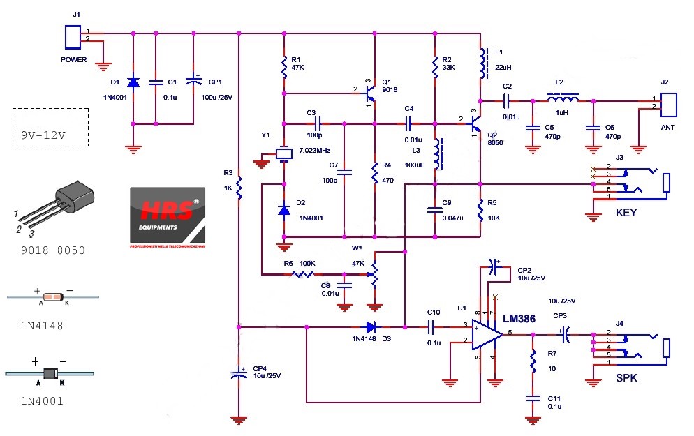 HRS QRP Kit - Ricetrasmettitore cw banda 40 metri 7.023 MHz con box plexiglass